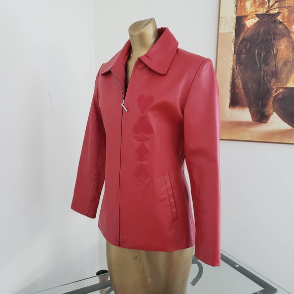 Women's Andrade Red Leather Jacket With Embordered Heart Design Sz M - Picture 7 of 15